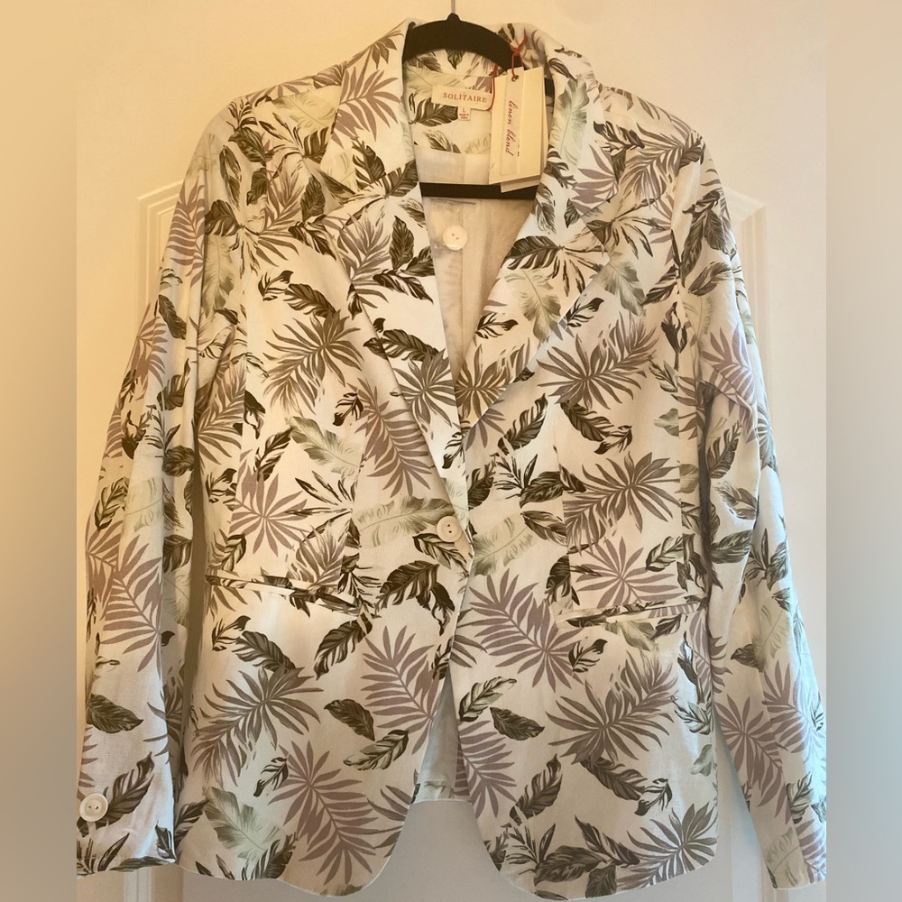 NWT Solitaire White and Purple Leaf Print Jacket Linen Blend Sz L